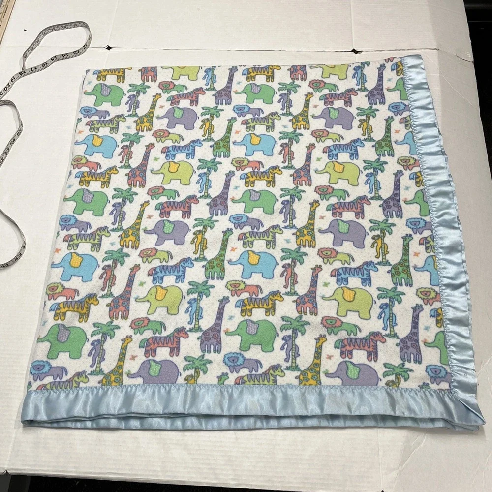 Vintage Blanket‎ Baby Boy Blue Animal Print Satin Trim Zoo Monkey Elephant Lion